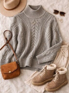 Simply Vera Vera Wang chunky cable knit mock neck sweater soft heather gray XS